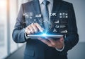 Professional using digital tablet with futuristic data interface overlay Royalty Free Stock Photo