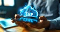 Professional using smartphone to manage ERP cloud systems in dynamic office setting Royalty Free Stock Photo