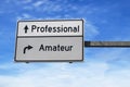 Professional versus amateur. White two street signs with arrow on metal pole. Directional road, Crossroads Road Sign, Two Arrow. Royalty Free Stock Photo