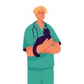 Professional veterinarian holds cute black cat. Vet doctor care about animals health. Domestic pets hospital service