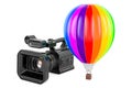 Professional video camera with dirigible, airship. 3D rendering Royalty Free Stock Photo