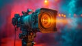 Professional Video Camera Lens Closeup with Red and Blue Lights Royalty Free Stock Photo