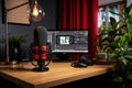 Professional video podcast recording setup in a cozy home studio with professional equipment Royalty Free Stock Photo