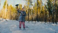 Professional Videographer Holding DSLR Camera on 3-axis Gimbal Stabilization Device in Winter. Cinematographer Operator Royalty Free Stock Photo