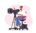 Professional Videographer Male Character Sitting on Special Platform with Camera Record Video, Mass Media Broadcast Royalty Free Stock Photo