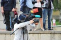 professional videographer shoots on video camera a City Day in Gatchina, Leningrad Region Russia.