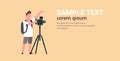 Professional videographer using camera on tripod man shooting video on steady cam horizontal full length flat copy space