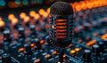 Professional vintage microphone set against a mixing console with glowing dials, signifying a podcast recording studios