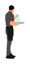 Professional waiter holding tray with order drinks for guests vector. Servant in restaurant taking orders. Worker in pub serve.