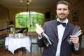 Professional waiter serving champagne wine glasses Royalty Free Stock Photo