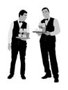 Professional waiters holding tray with order drinks for guests vector. Servant in restaurant taking orders. Worker in pub serve.