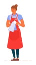 Professional waitress in apron polishing wine glass