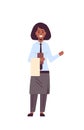 Professional waitress holding menu african american woman restaurant worker in apron showing hospitality flat full