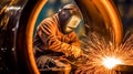 Professional welder welding metal a pipe on a pipeline construction. Industrial Worker at the factory welding closeup. Royalty Free Stock Photo