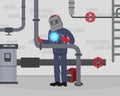 Professional welder at work. Worker in protective mask and gloves welding metal pipes and pipeline cartoon vector
