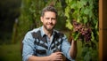 professional winegrower on grape farm. happy man harvester on summer harvest. Royalty Free Stock Photo