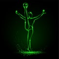 Professional woman art gymnast athlete performing with ball. Green linear neon art gymnastics on a black background