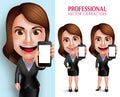 Professional Woman Character with Business Outfit Happy Smiling Showing Blank Screen Mobile Phone Royalty Free Stock Photo