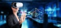 Professional woman using virtual reality headset with artificial intelligence elements in digital marketing and data Royalty Free Stock Photo