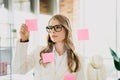 Confident businesswoman strategizing with sticky notes in a modern office environment wearing a stylish white suit Royalty Free Stock Photo