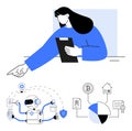 Woman Analyzing AI Robot Managing Diverse Tasks and Data with Infographic Elements Royalty Free Stock Photo