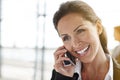 Professional woman, phone call and thinking, happy communication or online networking in office building chat. Ideas Royalty Free Stock Photo