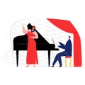 Professional woman songstress sing vocal music song hit, man sitting playing piano flat vector illustration, isolated on Royalty Free Stock Photo