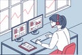 Professional woman working at a desk with multiple computer screens, utilizing headset for communication, analyzing graphs and Royalty Free Stock Photo