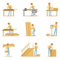 Professional Wood Jointer At Work Crafting Wooden Furniture And Other Construction Elements Vector Illustrations