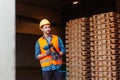 Professional woodworker in hardhat holding pneumatic hammer