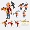Professional worker carry work tools on the back. character design - vector