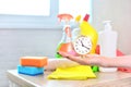 Professional worker from cleaning company holds a clock in her hand under the household chemicals. Royalty Free Stock Photo