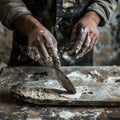 Professional worker holding putty knife with plaster closeup, construction working, plaster knife in hands Royalty Free Stock Photo