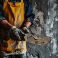 Professional worker holding putty knife with plaster closeup, construction working, plaster knife in hands Royalty Free Stock Photo