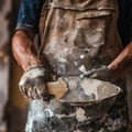 Professional worker holding putty knife with plaster closeup, construction working, plaster knife in hands Royalty Free Stock Photo