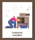 Wooden furniture assembly service flat vector poster, worker with screwdriver assembling or dismantling a commode