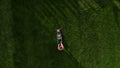 Professional worker with lawn mower mows the grass, top view. Copy space Royalty Free Stock Photo