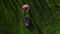 Professional worker with lawn mower mows the grass, top view. Copy space Royalty Free Stock Photo