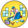 Professional worker laying tile, repair work