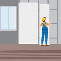Professional worker man installing gypsum plasterboard panels in the interior. Vector illustration, isolated