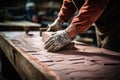 Professional worker using pan knife for building brick walls with cement and mortar