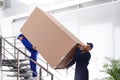 Professional workers carrying refrigerator on stairs