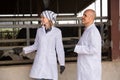 Professional workers in white gown technician caring cows Royalty Free Stock Photo