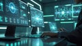 Advanced Technology Workspace with Futuristic Computer Screens and Data Analysis Royalty Free Stock Photo