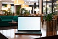Professional workspace Laptop in hotel reception with blank copyspace screen