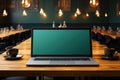 Professional workspace with a laptop mockup placed on a minimalist desk. AI Generated