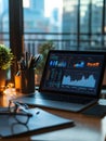 Professional workspace with laptop showcasing business analytics dashboard and digital graphs during evening hours Royalty Free Stock Photo