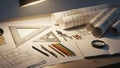 Architectural Blueprints and Drafting Tools on Desk with Lamp Light for Engineering Design and Construction Planning Royalty Free Stock Photo