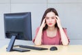 Professional young Asian professional business woman who wears pink dress is working tired and feeling headache while she works. Royalty Free Stock Photo