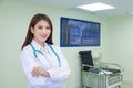 Professional young Asian woman doctor wearing white robe standing with arms crossed. Wearing a white robe and stethoscope happy Royalty Free Stock Photo